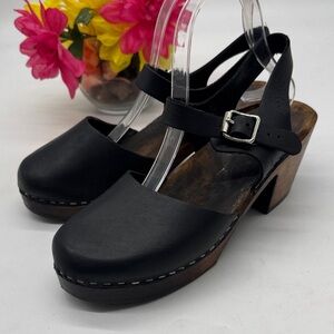 Lotta from Stolkholm Women’s Black Leather Slingback Clog Sandal with Buckle